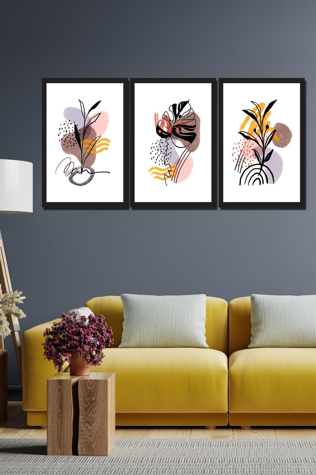 3 parça bohem tarzı tablo seti dijital baskı siyah çerçeve görünümlü