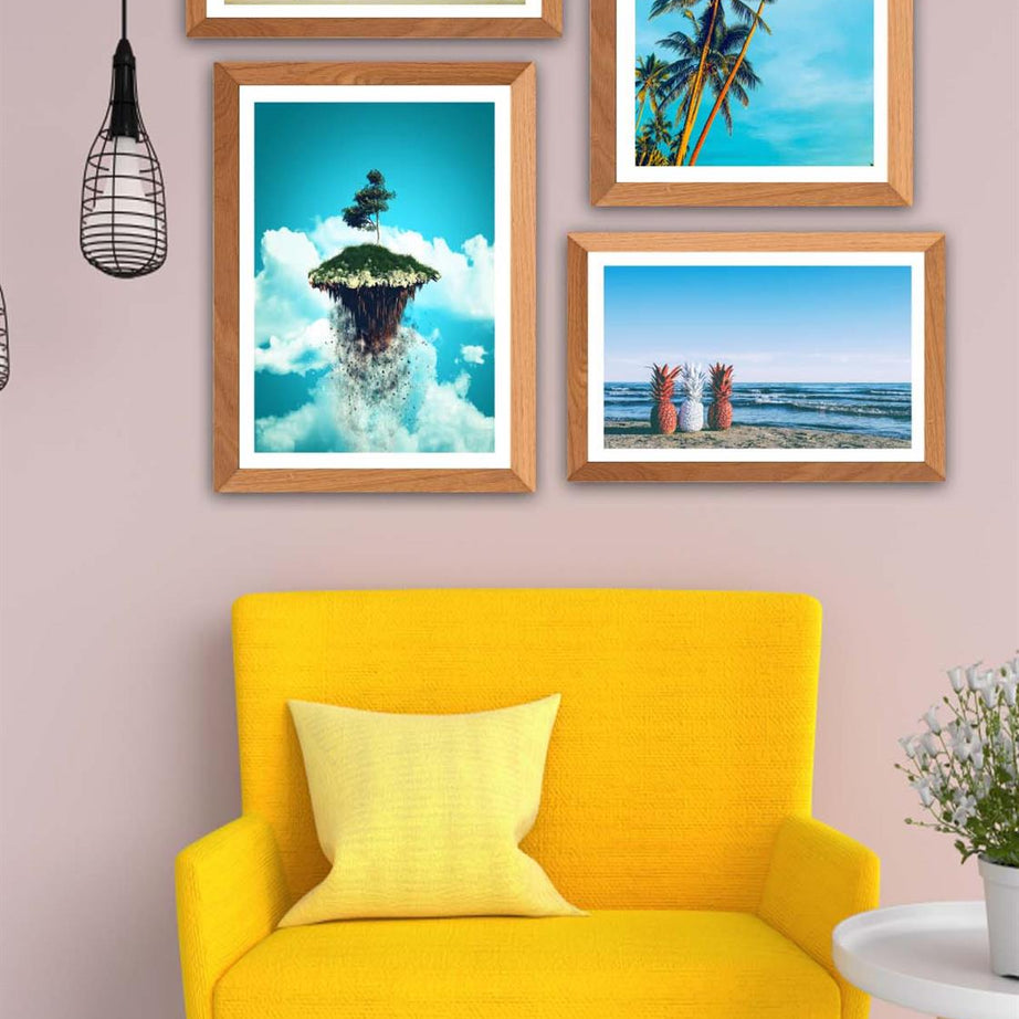 4 Parça Modern Tarzda Yaz Manzarası (Ahşap Çerçeve Görünümlü) Uv Baskı Tablo Seti