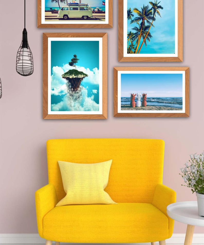 4 Parça Modern Tarzda Yaz Manzarası (Ahşap Çerçeve Görünümlü) Uv Baskı Tablo Seti