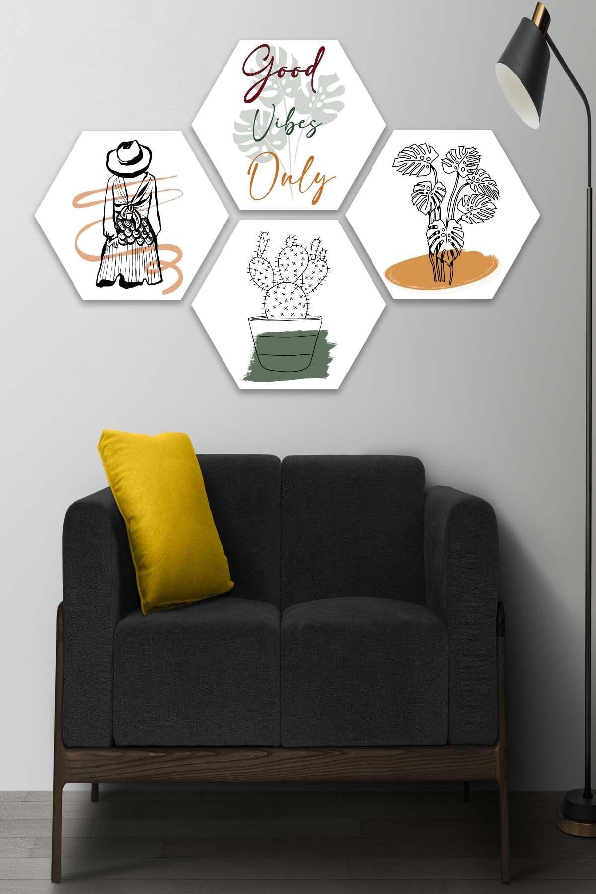 4 Parça Bohem Tarzında Petek Tasarım Tablo Seti