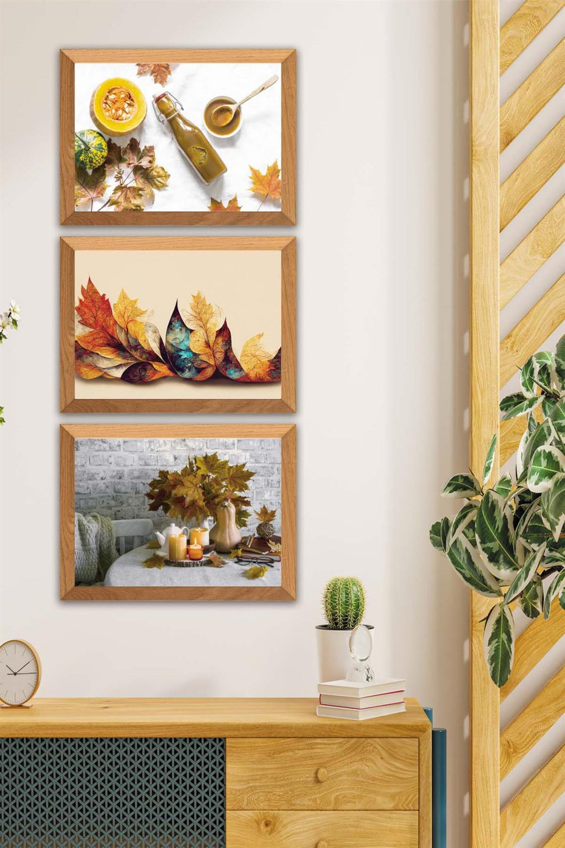 3 Parça Çınar Yapakları Sonbahar Yansıtan Ahşap Çerçeve Görünümlü Mdf Tablo Seti