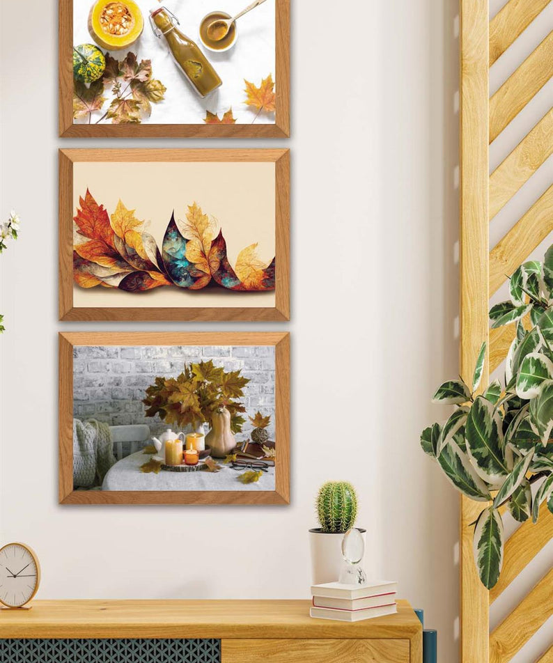 3 Parça Çınar Yapakları Sonbahar Yansıtan Ahşap Çerçeve Görünümlü Mdf Tablo Seti