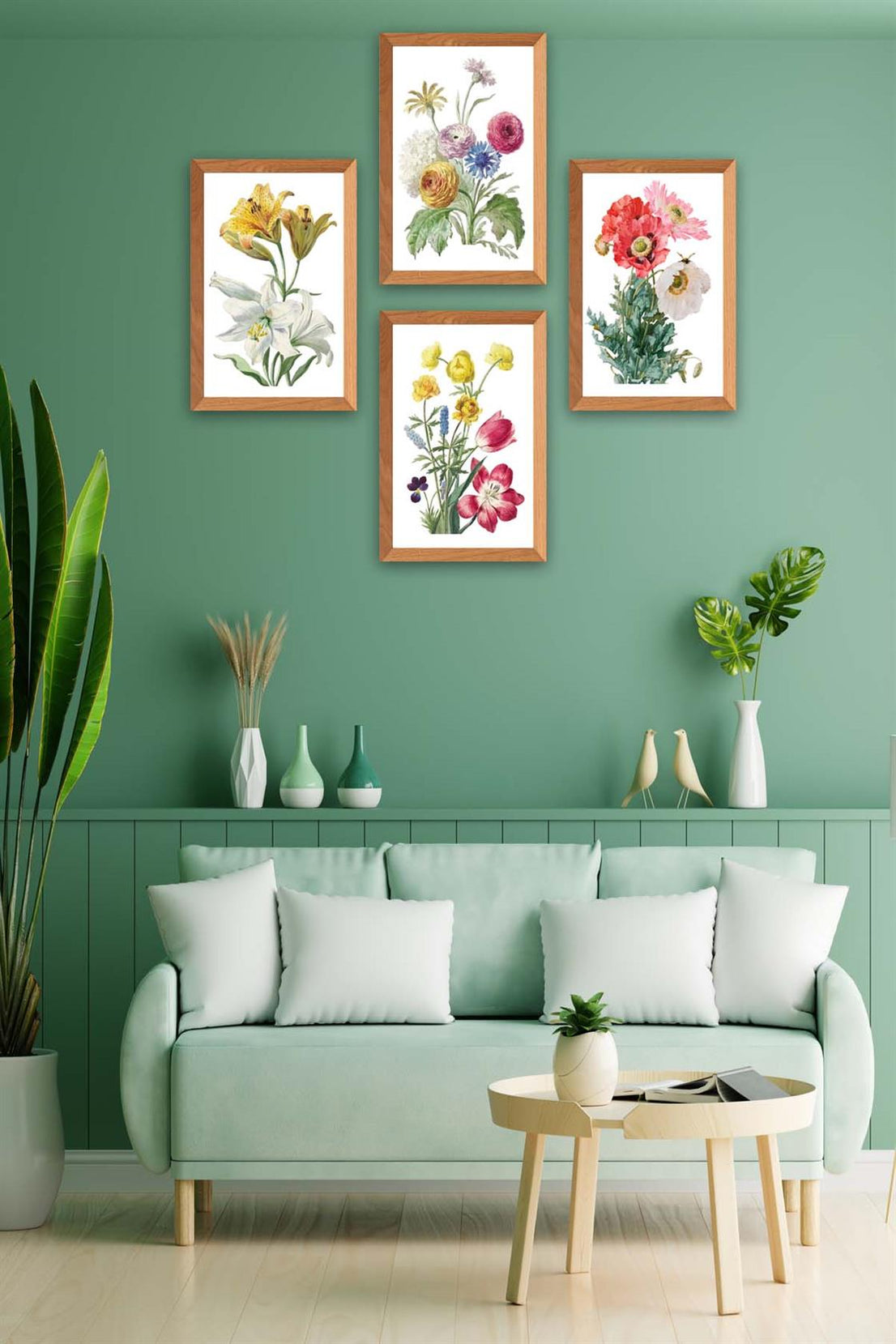 4 Parça Suluboya Tarzında Çiçek Desenli Ahşap Çerçeve Görünümlü Uv Baskı Mdf Tablo Seti