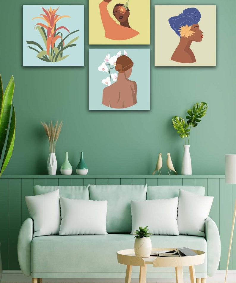 4 Parça Bohem Kadın Uv Baskı Mdf Tablo Seti