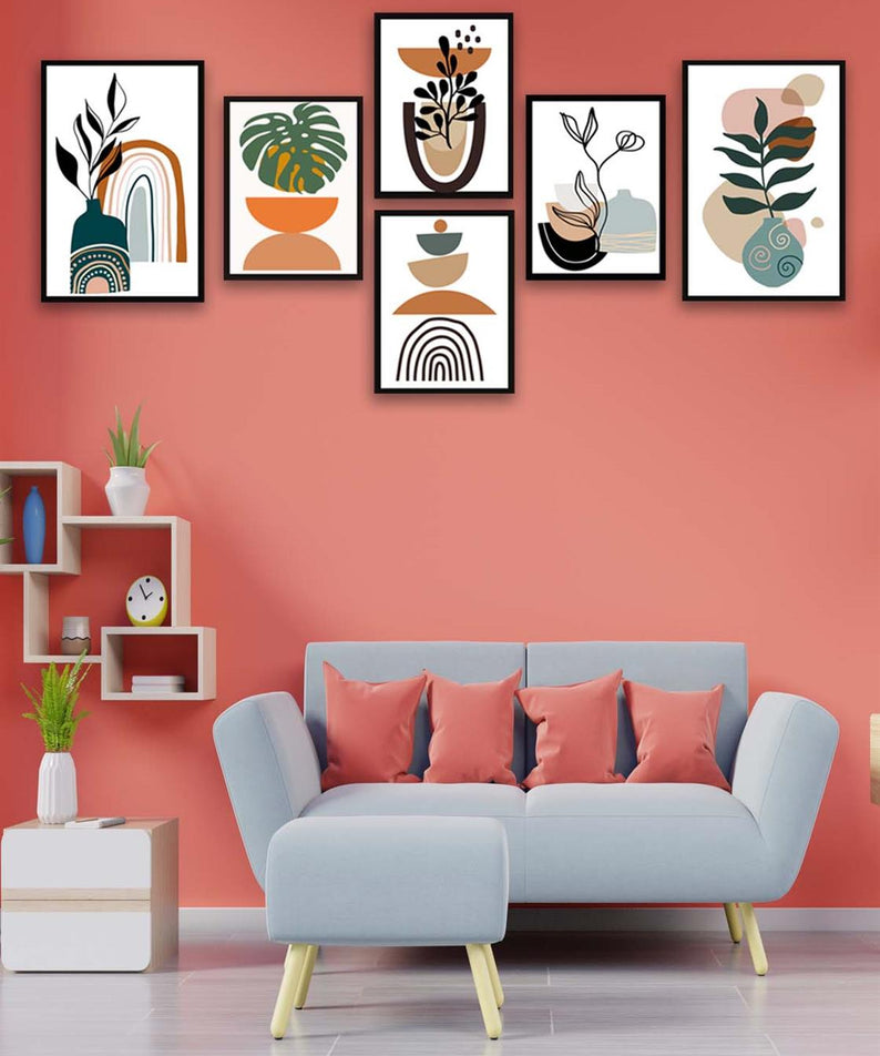 6 Parça Sanatsal Bohem Tarzı Siyah Çerçeve Görünümlü Tablo Seti