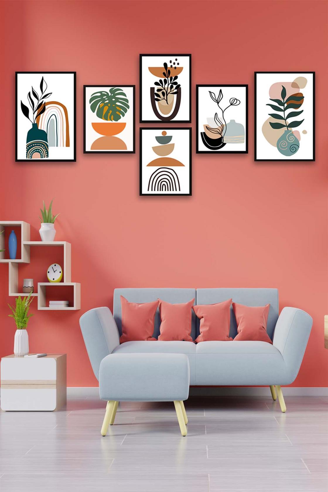 6 Parça Sanatsal Bohem Tarzı Siyah Çerçeve Görünümlü Tablo Seti