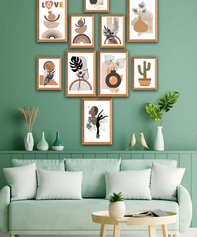10 Parça Botanic Ve Bohem Tarzda Sanatsal Ahşap Çerçeve Görünümlü Uv Baskı Mdf Tablo Seti