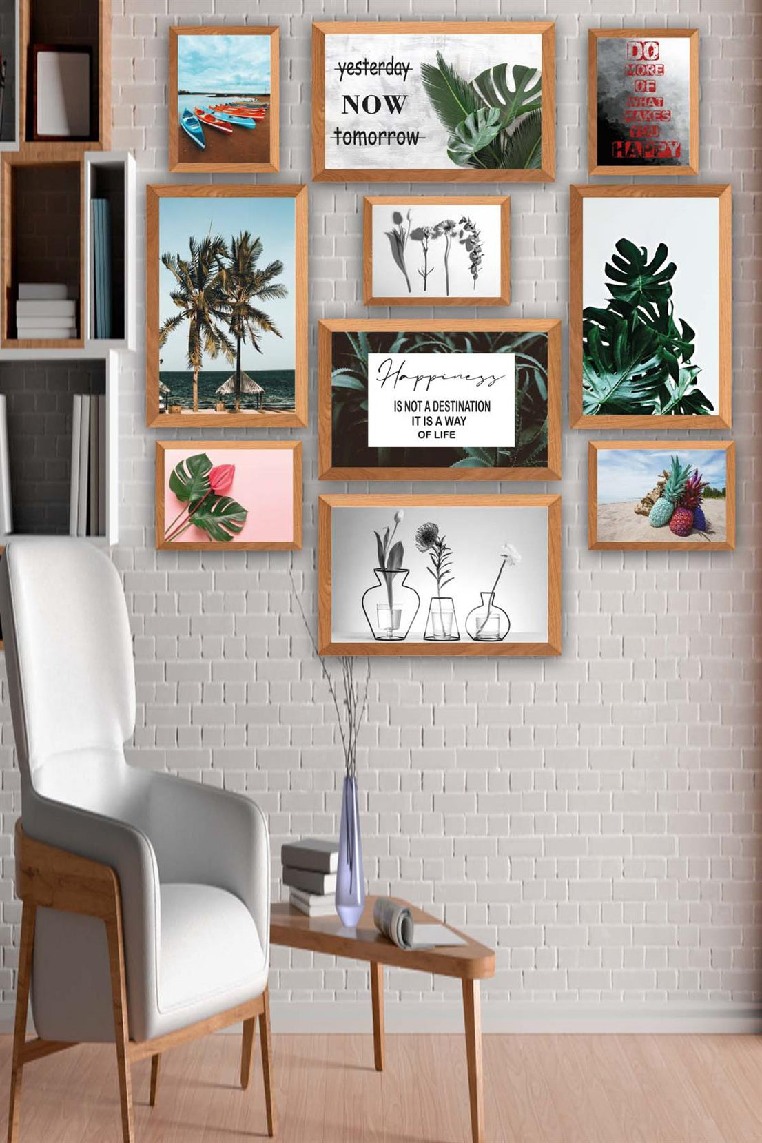 10 Parça Botanik Yaprak Modern Tarzda (Ahşap Çerçeve Görünümlü) Uv Baskı Tablo Seti