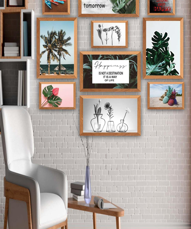 10 Parça Botanik Yaprak Modern Tarzda (Ahşap Çerçeve Görünümlü) Uv Baskı Tablo Seti