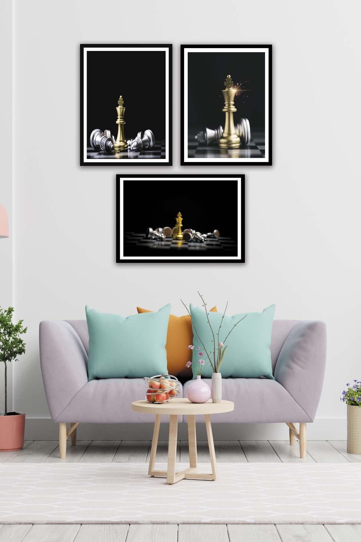 Satranç Temalı Siyah Çerçeve Görünümlü Tablo Seti