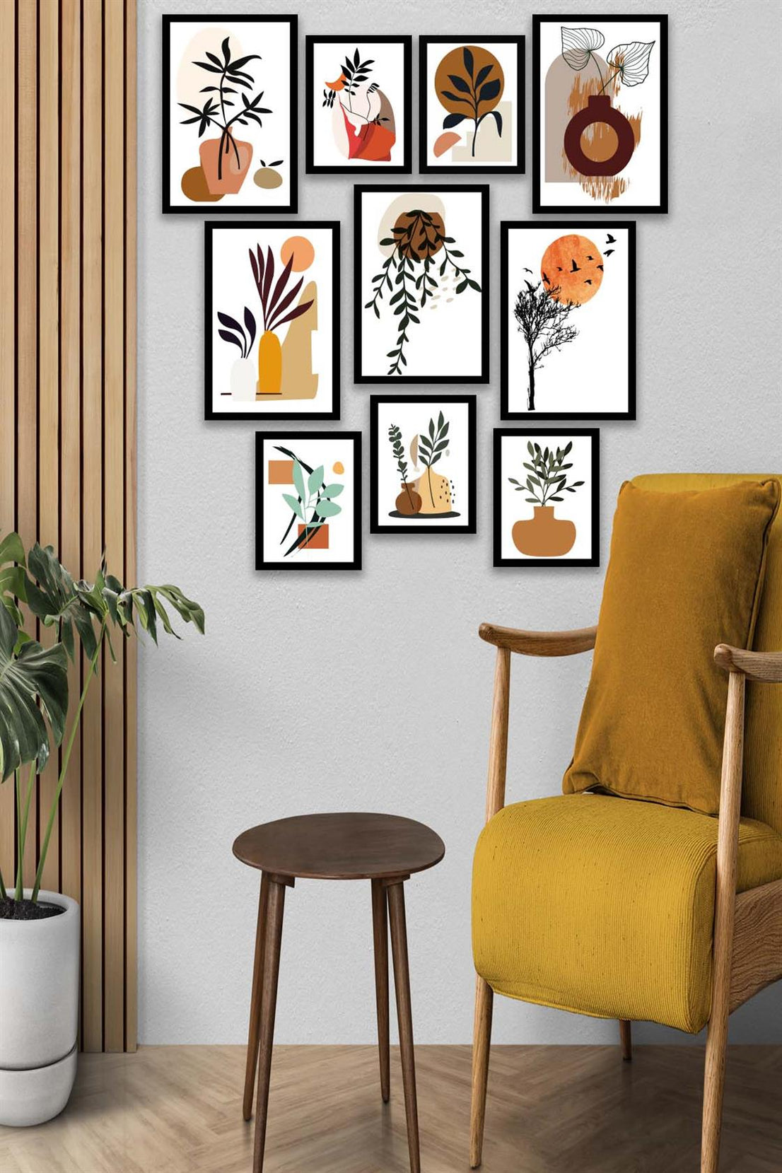 10 Parça Modern Sanatsal Bohem Tarzda (Siyah çerçeve görünümlü) Uv Baskı Mdf Tablo Seti