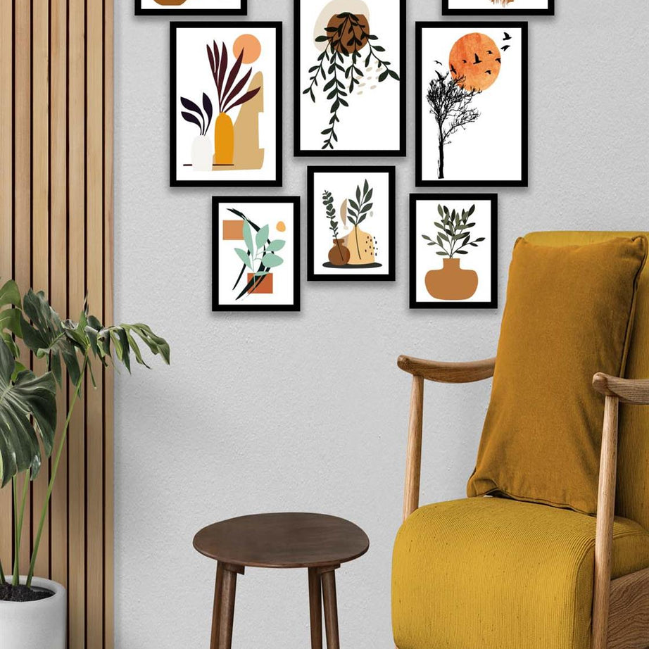 10 Parça Modern Sanatsal Bohem Tarzda (Siyah çerçeve görünümlü) Uv Baskı Mdf Tablo Seti