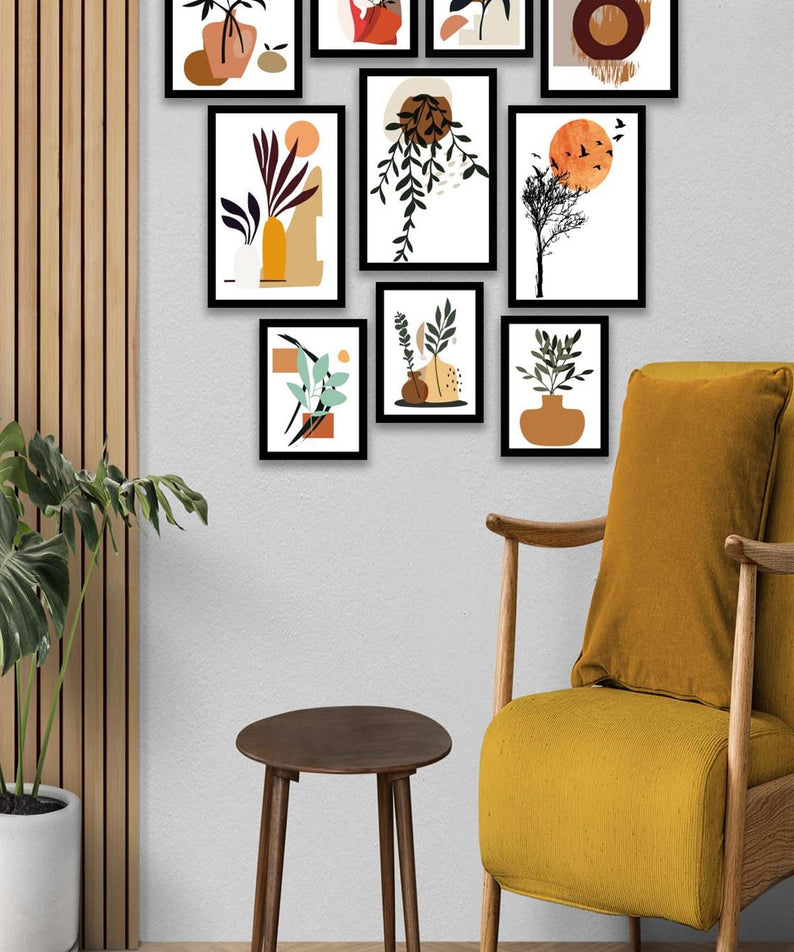 10 Parça Modern Sanatsal Bohem Tarzda (Siyah çerçeve görünümlü) Uv Baskı Mdf Tablo Seti