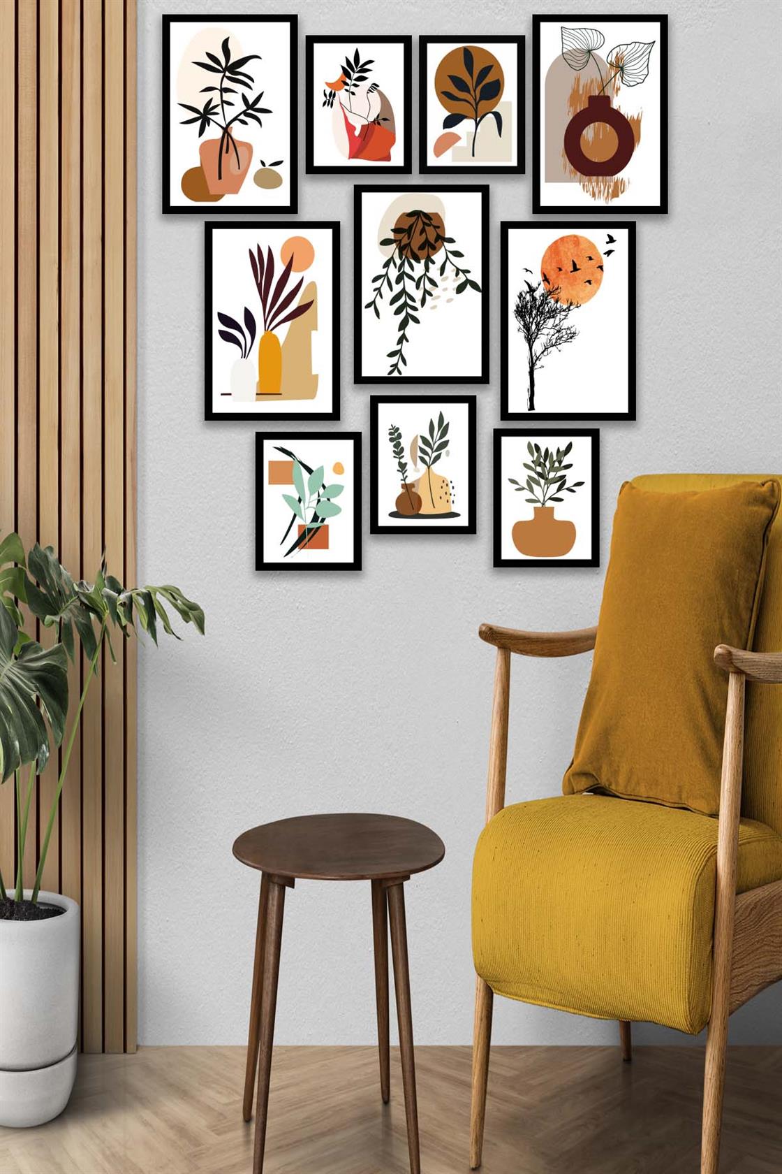 10 Parça Modern Sanatsal Bohem Tarzda (Siyah çerçeve görünümlü) Uv Baskı Mdf Tablo Seti