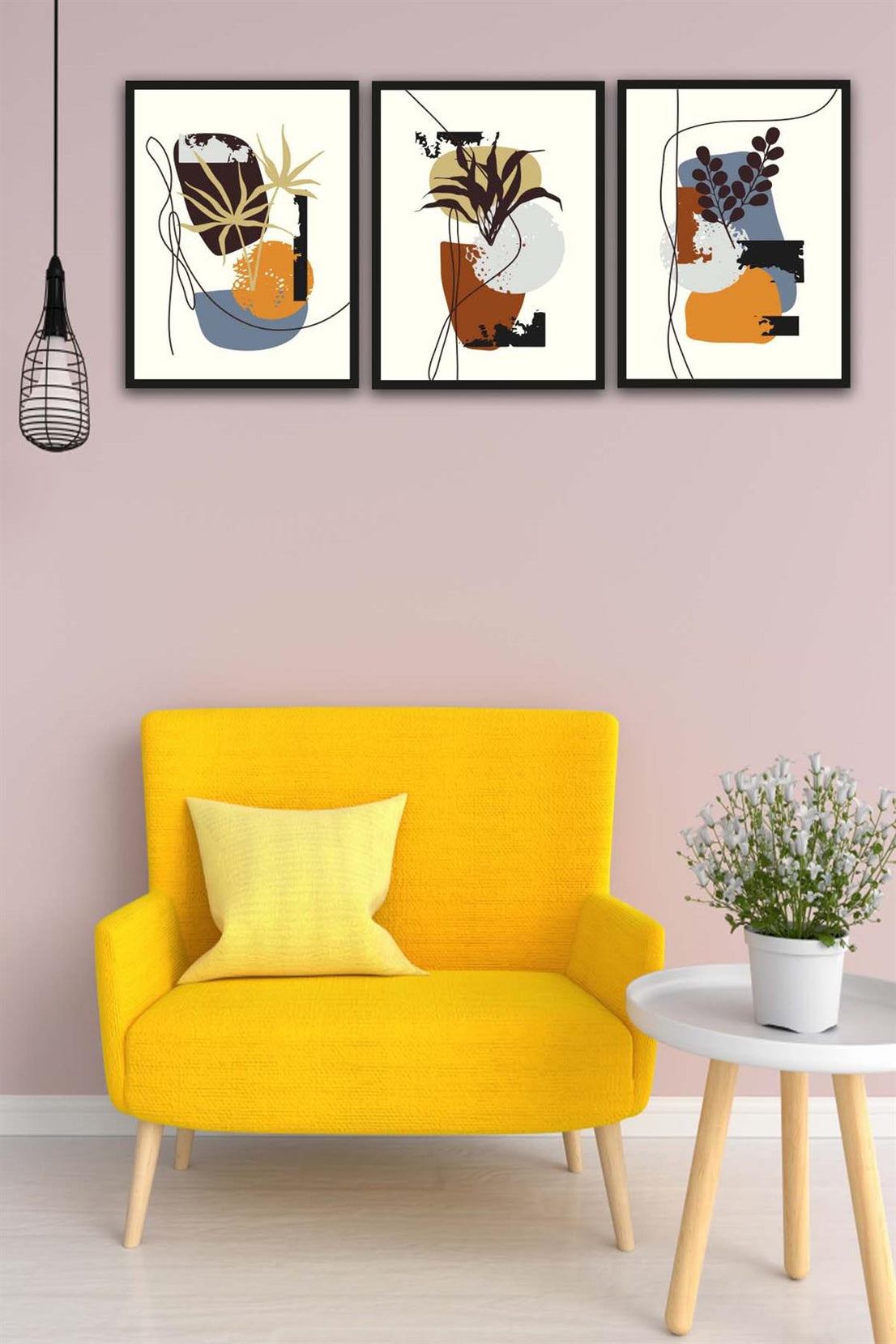 3 Parça Bohem Tarzda Sanatsal Siyah Çerçeve Görünümlü Uv Baskı Mdf Tablo Seti