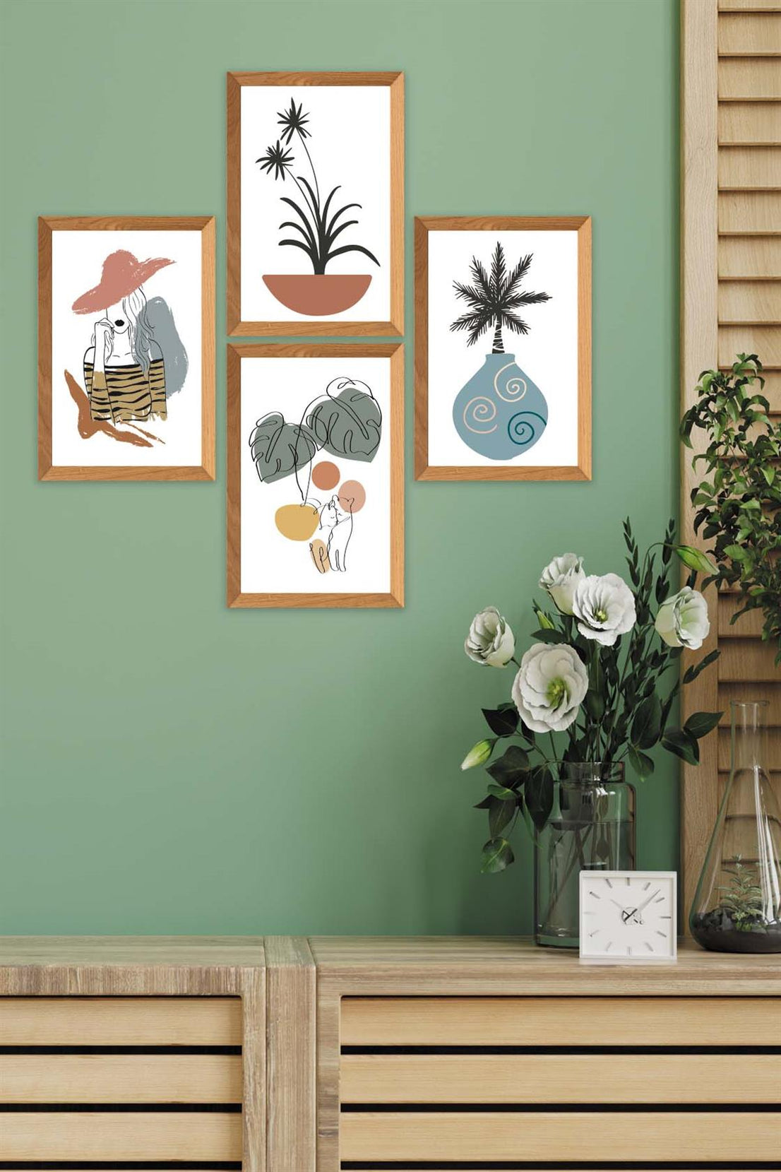 4 Parça Modern Sanatsal Bohem Tarzda (Ahşap çerçeve görünümlü) Uv Baskı Mdf Tablo Seti