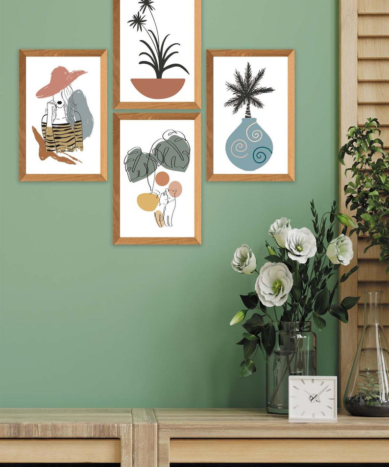 4 Parça Modern Sanatsal Bohem Tarzda (Ahşap çerçeve görünümlü) Uv Baskı Mdf Tablo Seti