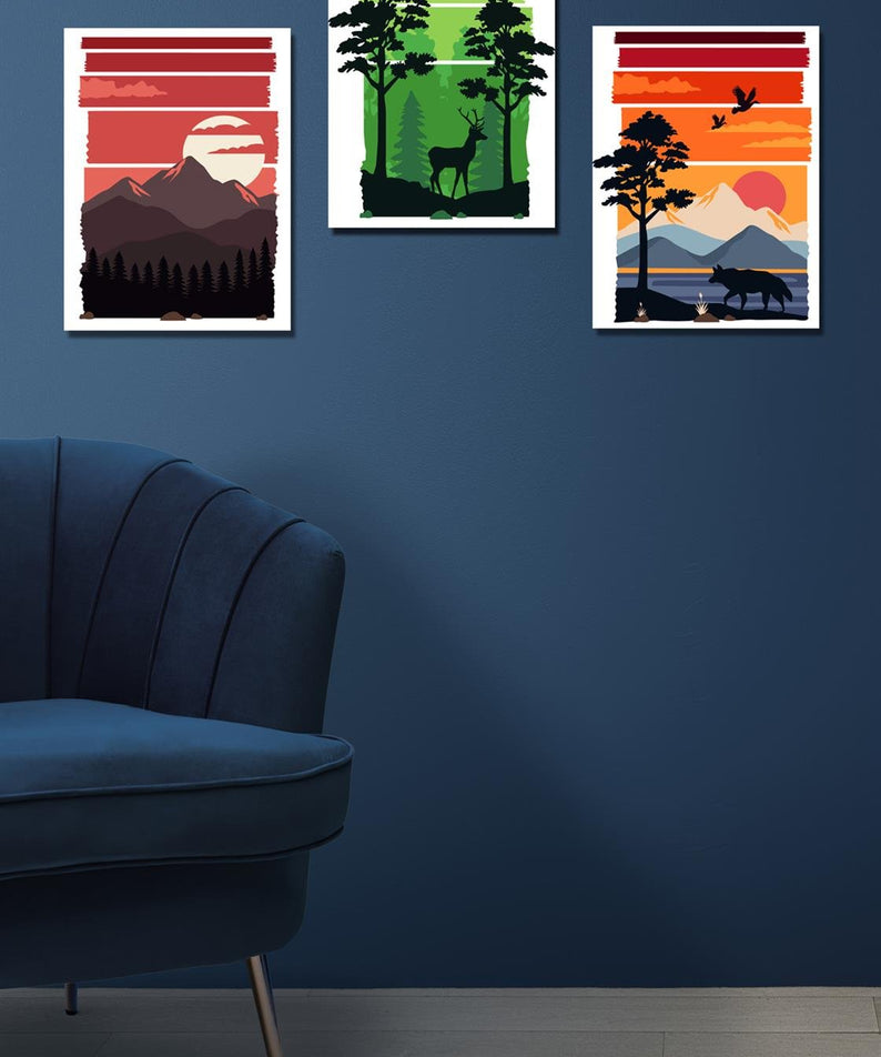 Dağ ve günbatımı manzaralı 3'lü tablo seti