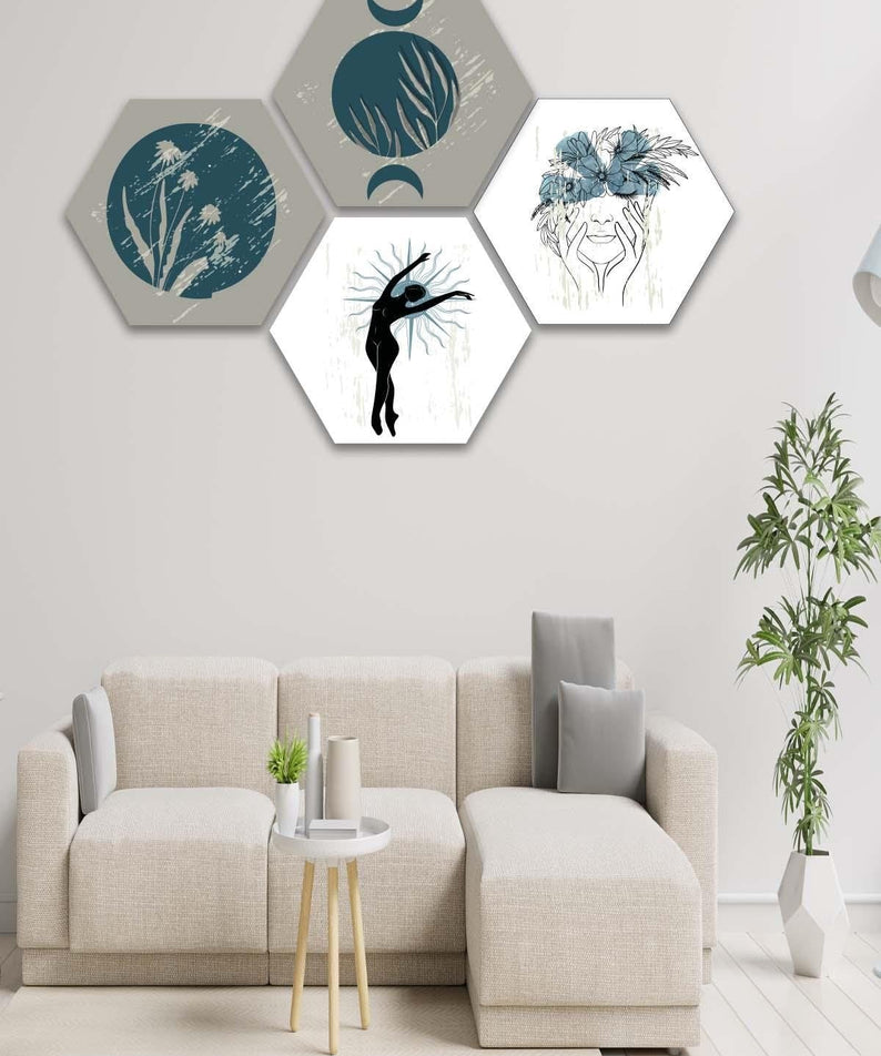 4 Parça Sanatsal Tarzda Petek Tasarım Tablo Seti