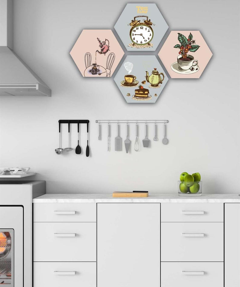 4 Parça Altıgen Petek Tasarım Mdf Tablo Seti