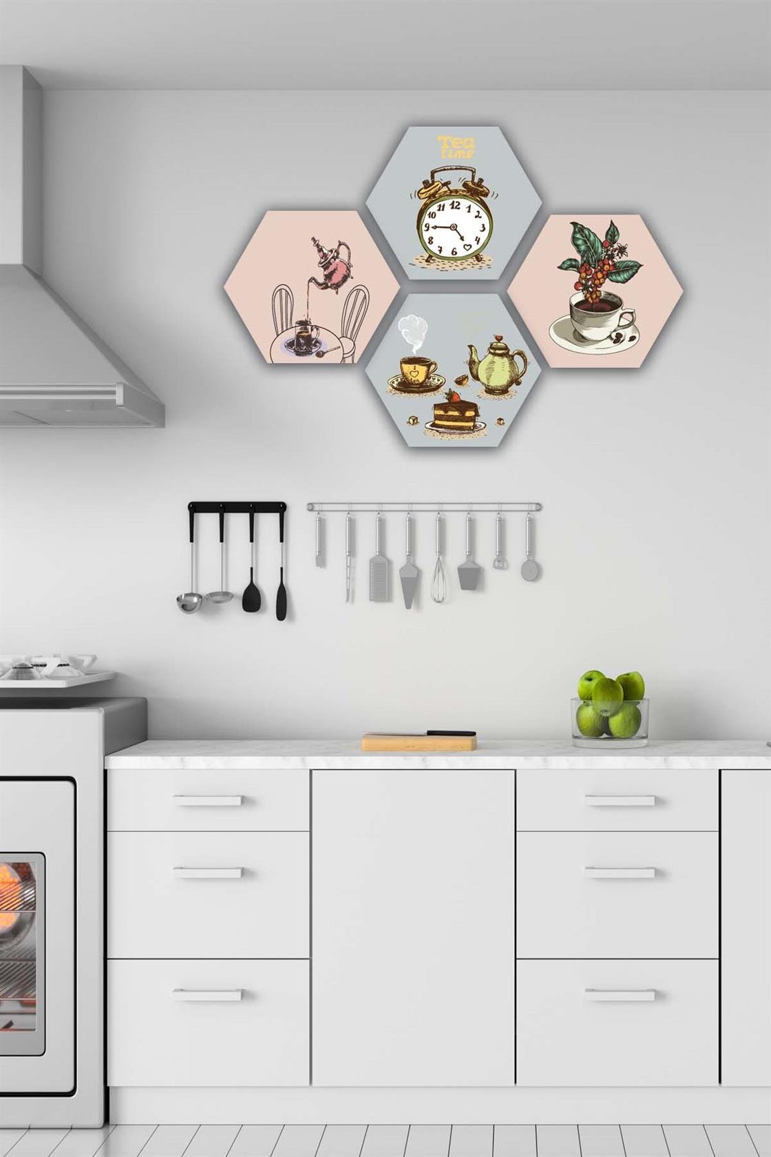 4 Parça Altıgen Petek Tasarım Mdf Tablo Seti