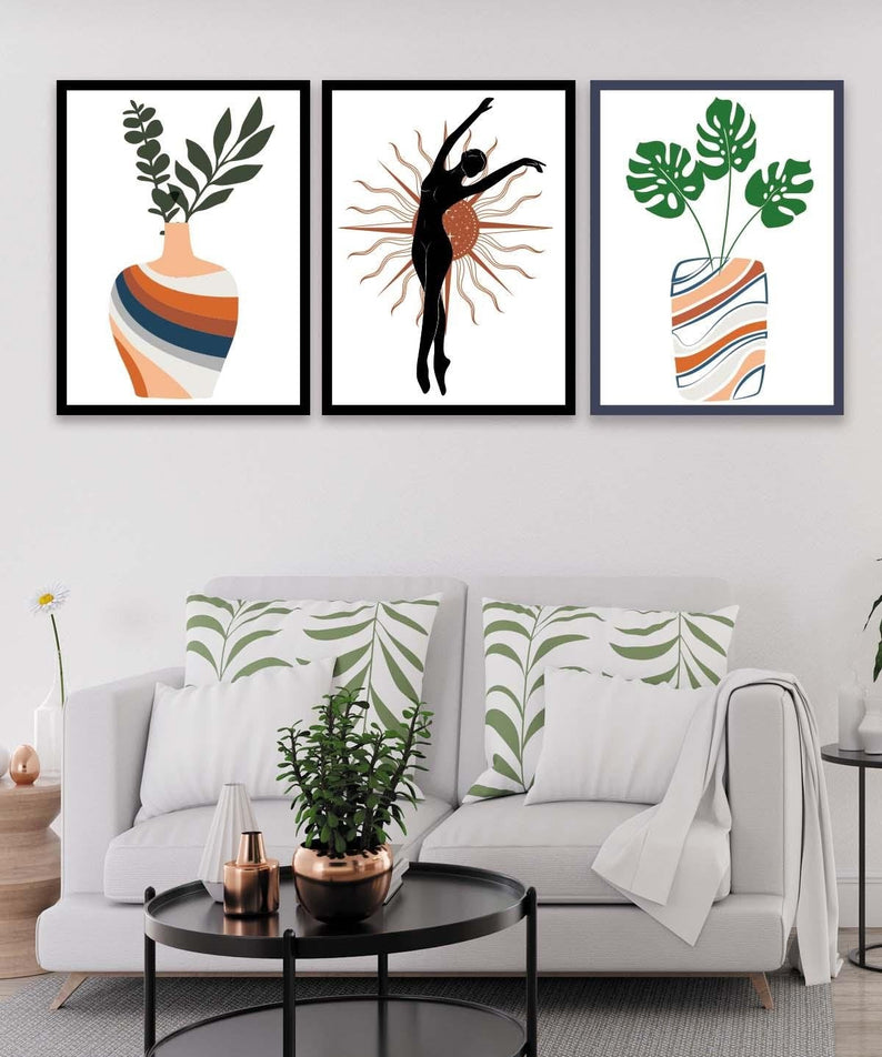 Botanik Çiçek Temalı Siyah Çerçeve Görünümlü Tablo Seti