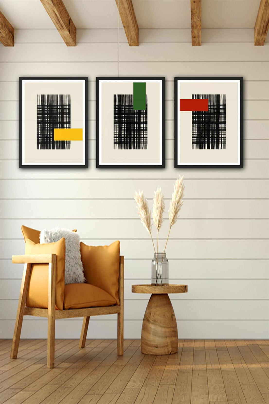 3 Parça Modern Sanat Tarzında Siyah Çerçeve Görünümlü Uv Baskı Mdf Tablo Seti