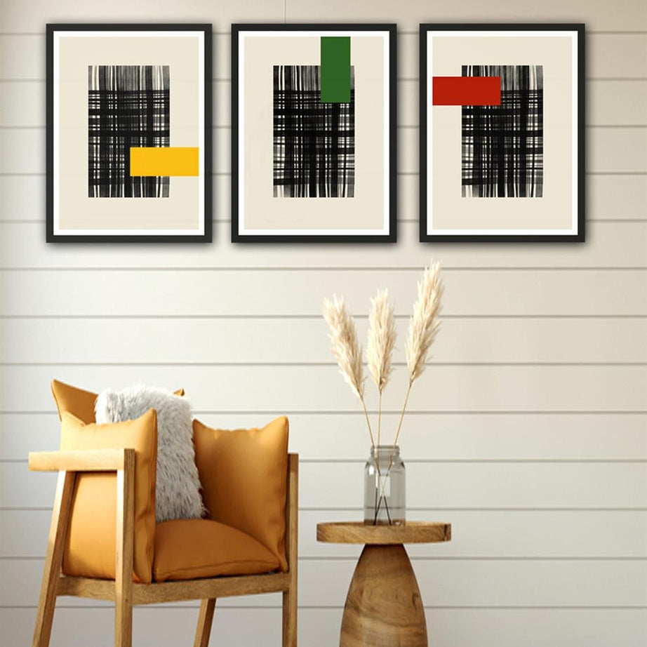 3 Parça Modern Sanat Tarzında Siyah Çerçeve Görünümlü Uv Baskı Mdf Tablo Seti