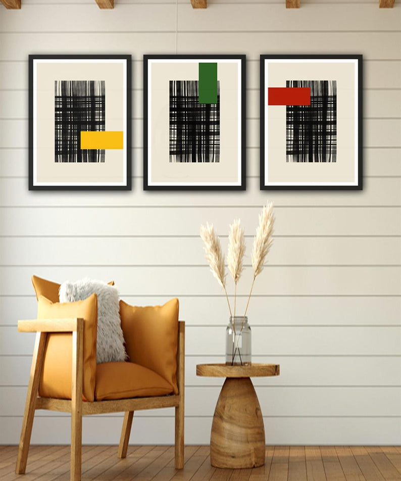 3 Parça Modern Sanat Tarzında Siyah Çerçeve Görünümlü Uv Baskı Mdf Tablo Seti