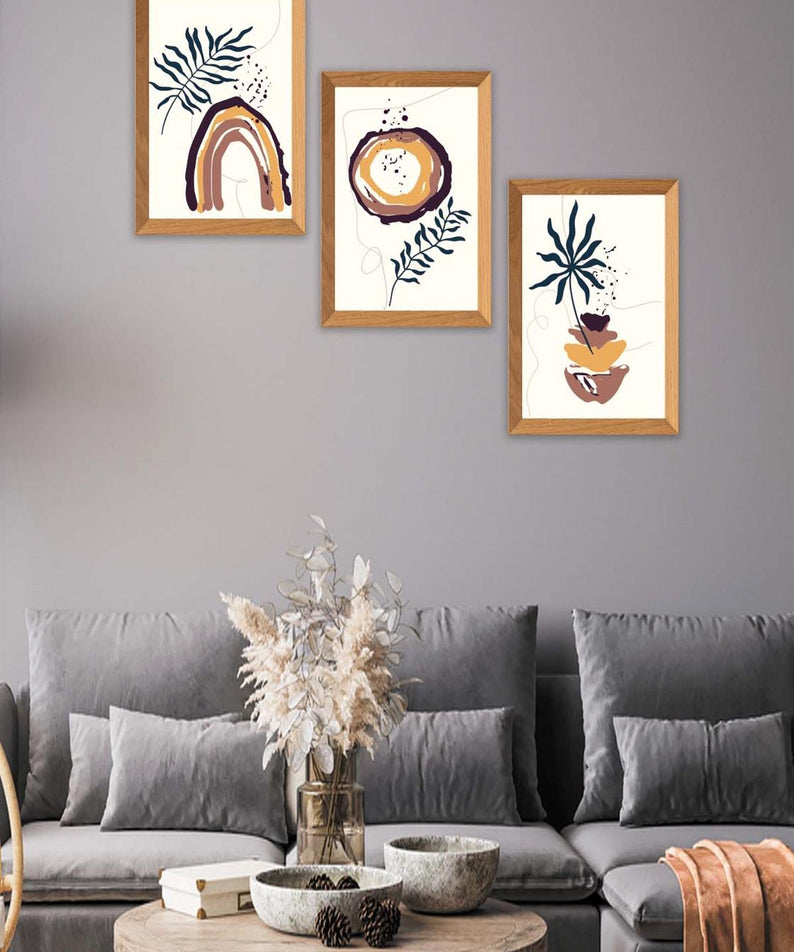 3 Parça Bohem Tarzında Ahşap Çerçeve Görünümlü Dijital Baskı Tablo Seti