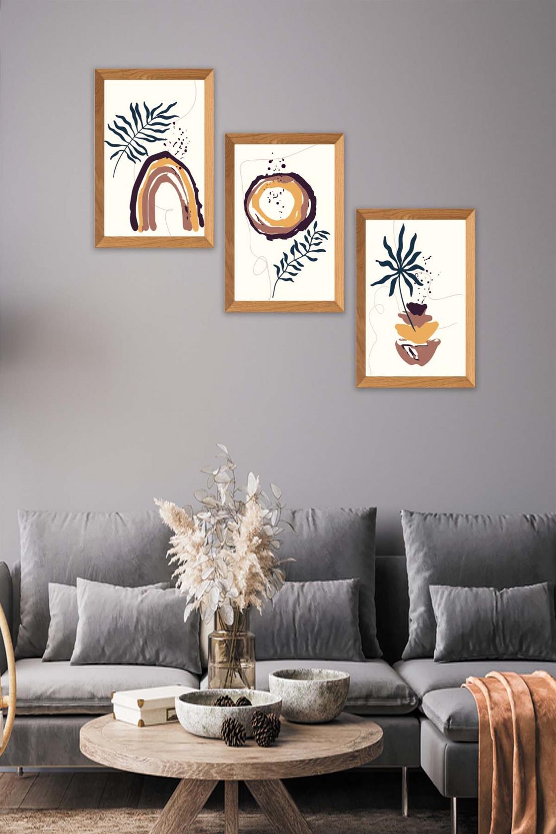 3 Parça Bohem Tarzında Ahşap Çerçeve Görünümlü Dijital Baskı Tablo Seti