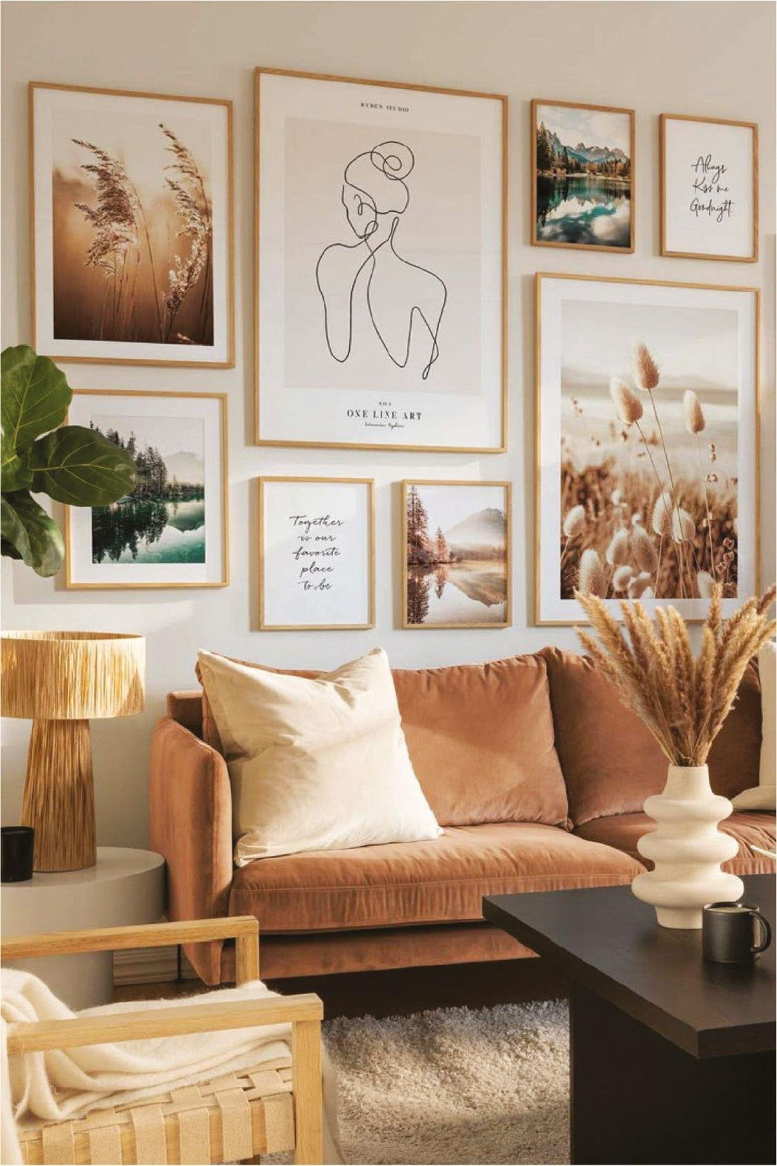 8 Parça Line Art Ve Göl Temalı Ahşap Çerçeve Görünümlü Tablo Seti