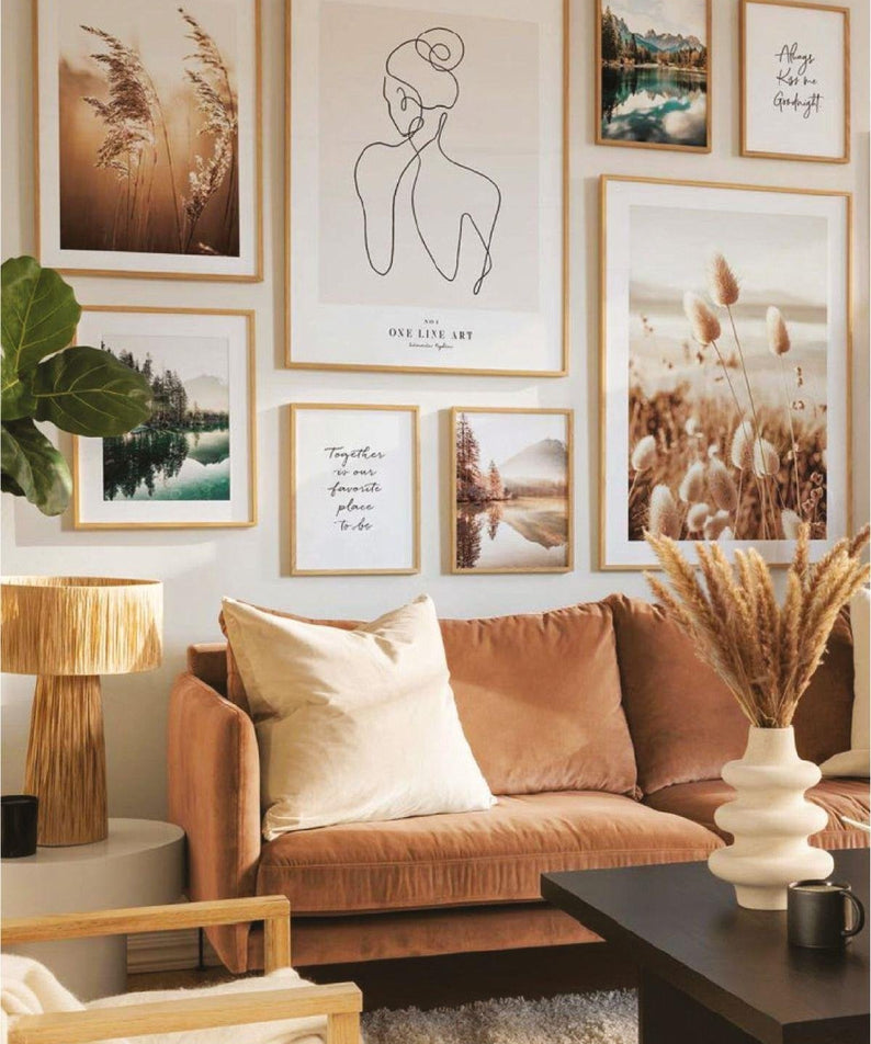 8 Parça Line Art Ve Göl Temalı Ahşap Çerçeve Görünümlü Tablo Seti