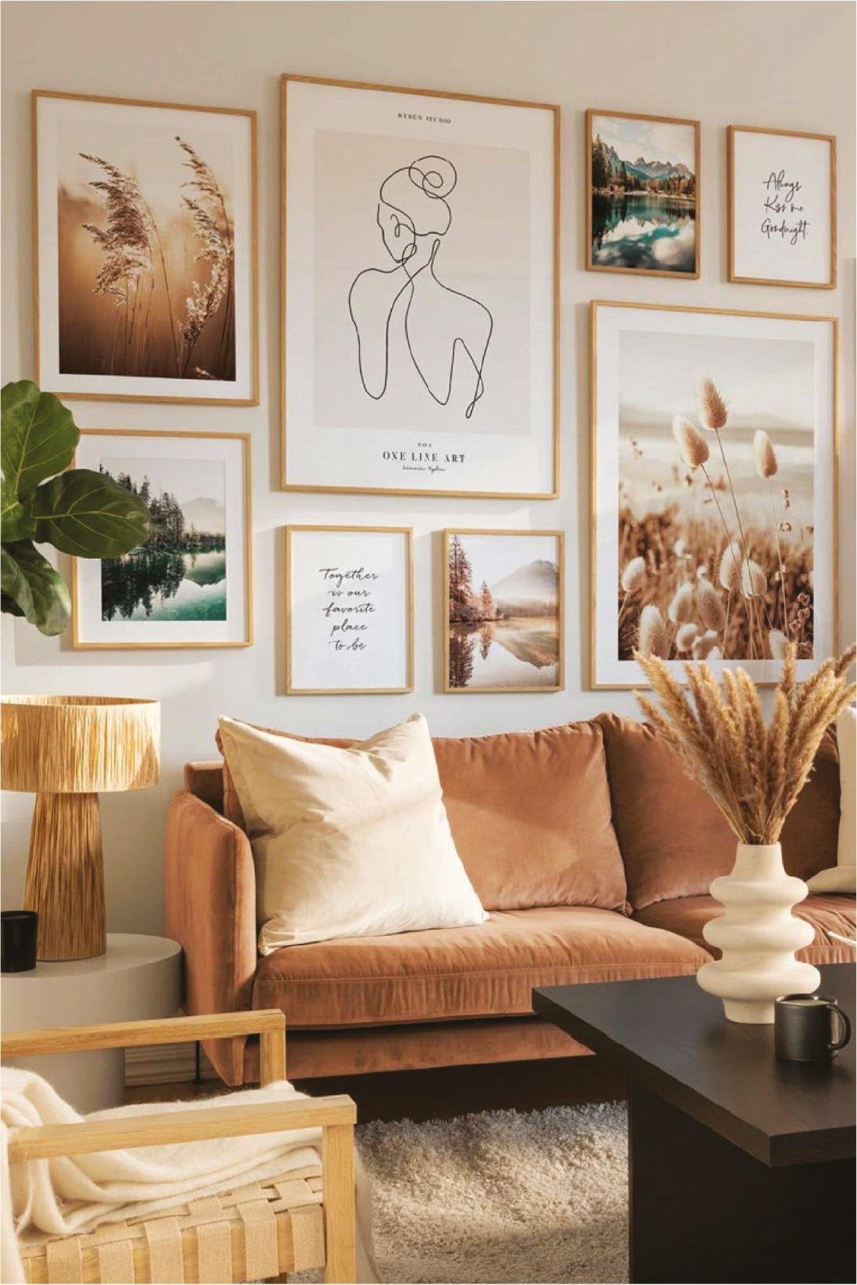 8 Parça Line Art Ve Göl Temalı Ahşap Çerçeve Görünümlü Tablo Seti