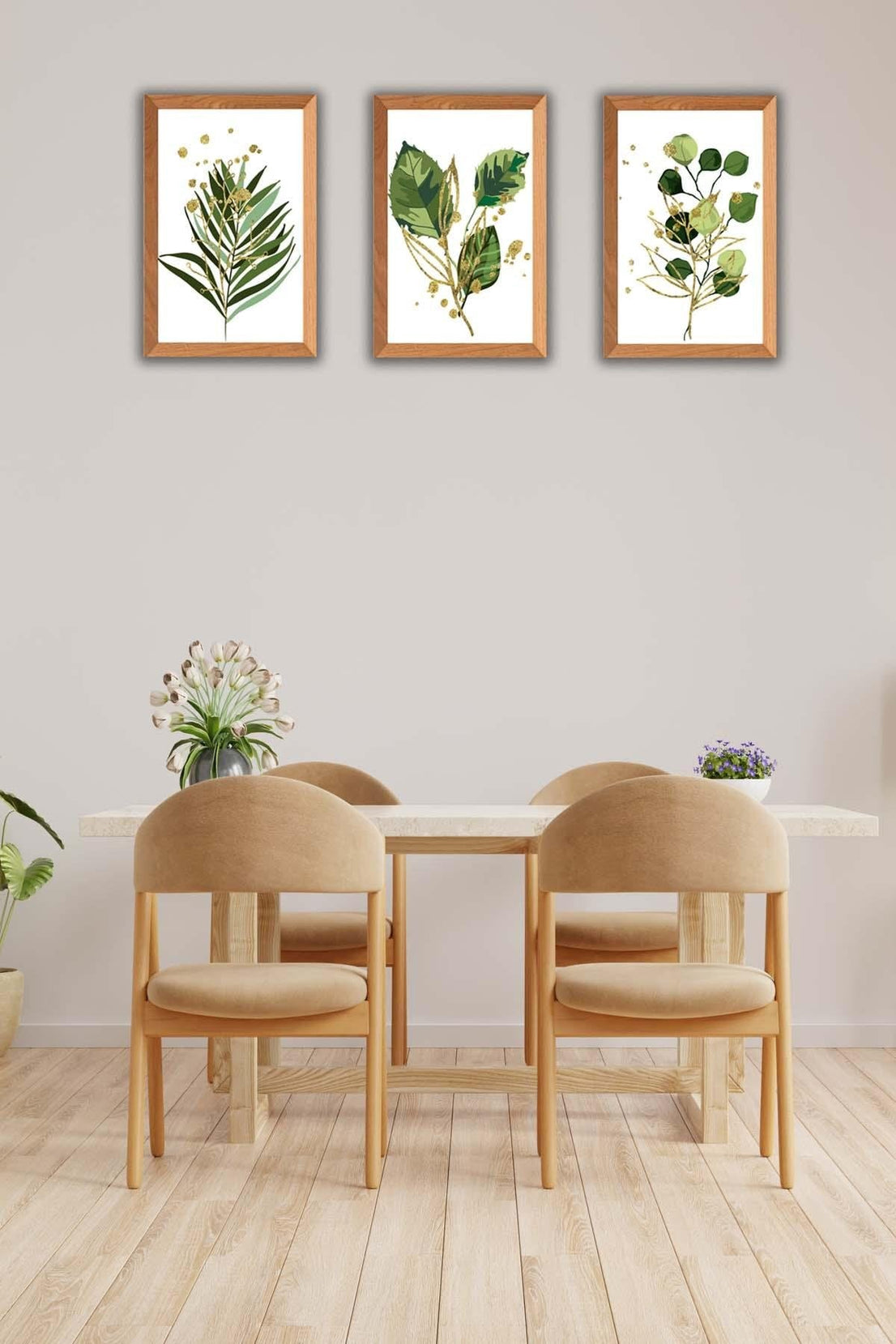 Yeşil Çiçek Temalı Ahşap Çerçeve Görünümlü Tablo Seti