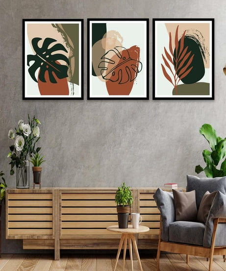 3 Parça Bohem Ve Botanik Tarzda (Siyah Çerçeve Görünümlü) Uv Baskı Mdf Tablo Seti