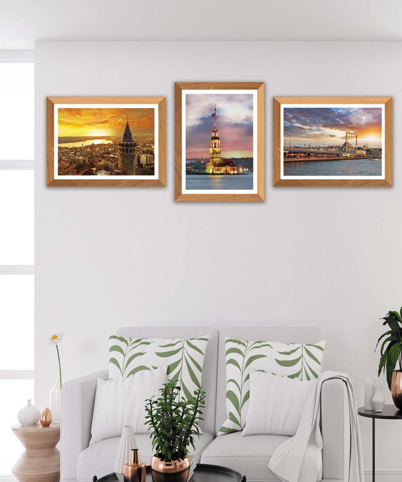 3 Parça Kız Kulesi Ve Galata Kulesi (Ahşap çerçeve görünümlü) Uv Baskı Mdf Tablo Seti