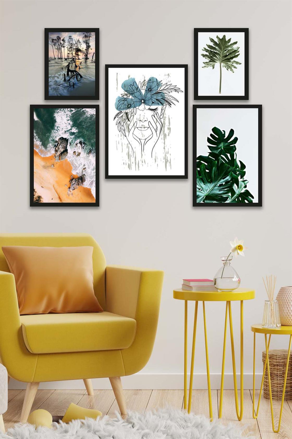 5 Parça Modern Sanat Tarzında Tasarım (Siyah çerçeve görünümlü) Uv Baskı Mdf Tablo Seti