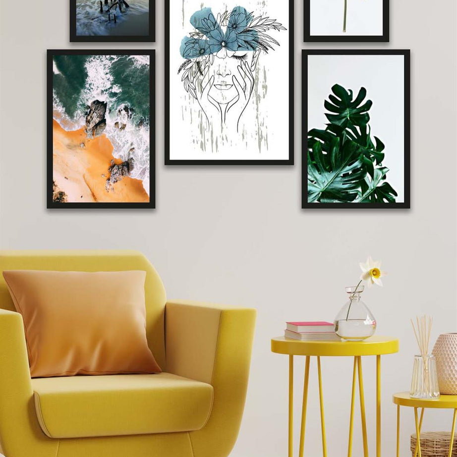 5 Parça Modern Sanat Tarzında Tasarım (Siyah çerçeve görünümlü) Uv Baskı Mdf Tablo Seti