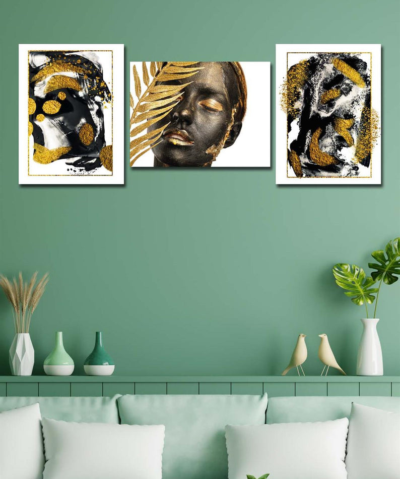 3 Parça Altın Görünümlü Afrikalı Kadın Tablo Seti