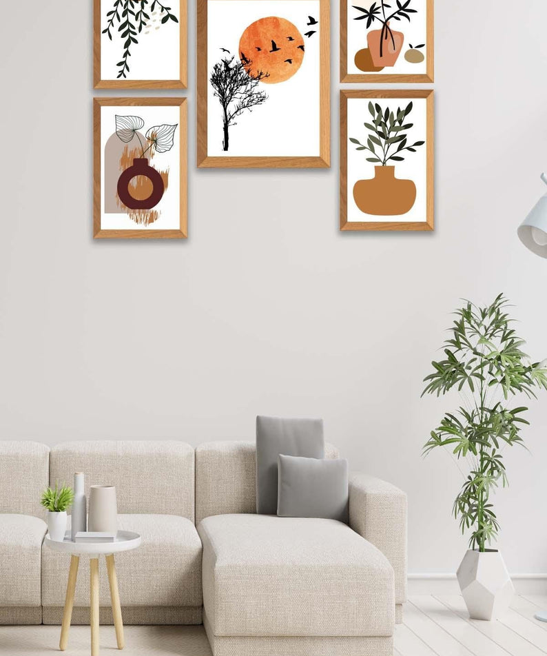 5 Parça Dal Ve Bohem Temalı Ahşap Çerçeve Görünümlü Tablo Seti