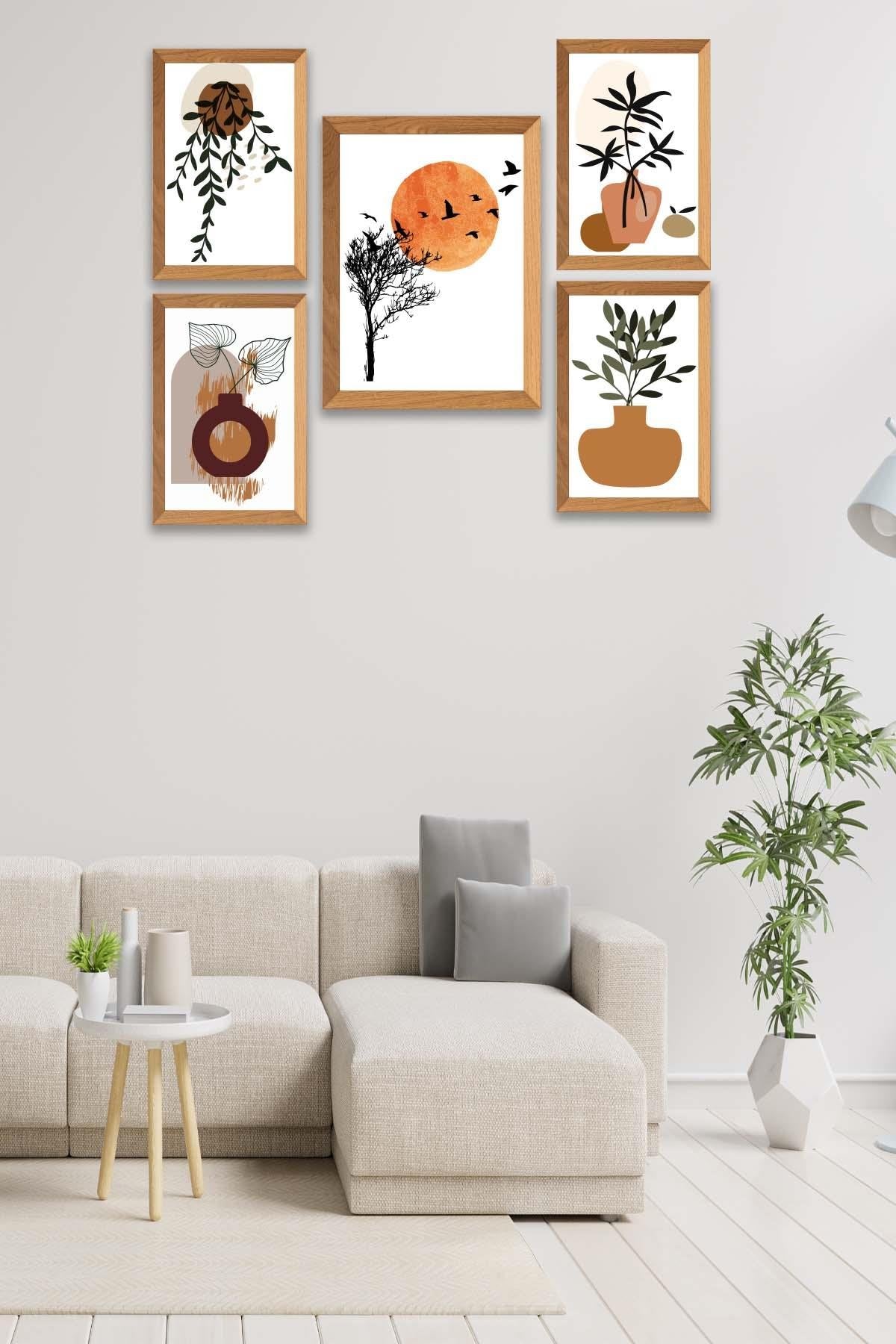 5 Parça Dal Ve Bohem Temalı Ahşap Çerçeve Görünümlü Tablo Seti