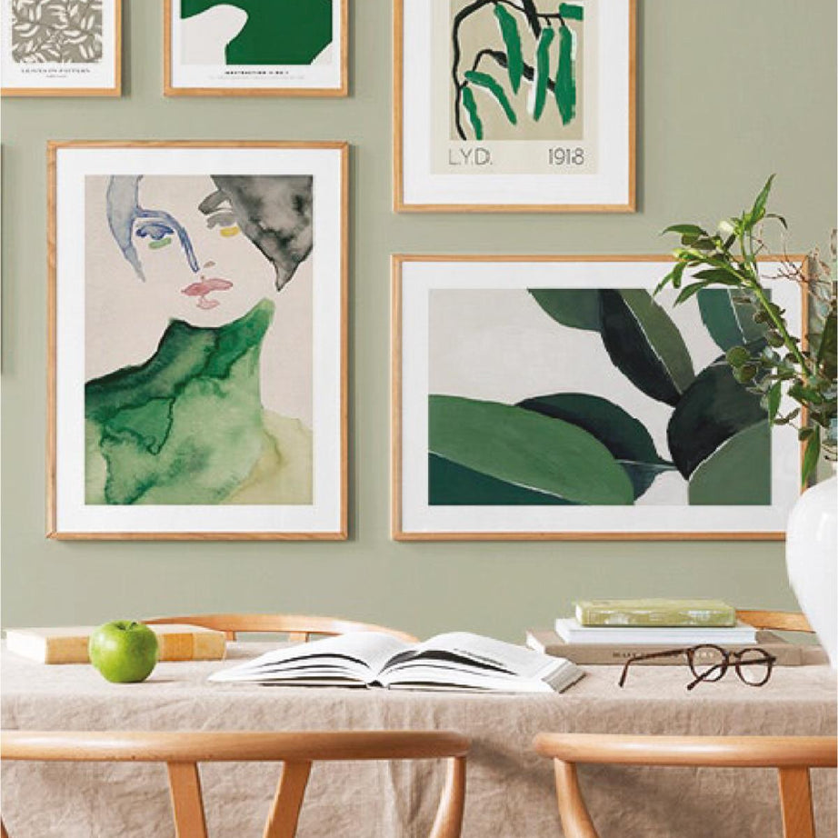 5 Parça Green Watercolur Tarzında (AHŞAP ÇERÇEVE GÖRÜNÜMLÜ) Tablo Seti
