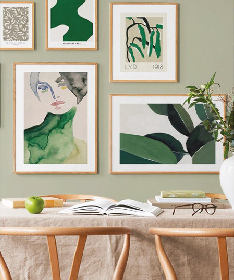 5 Parça Green Watercolur Tarzında (AHŞAP ÇERÇEVE GÖRÜNÜMLÜ) Tablo Seti