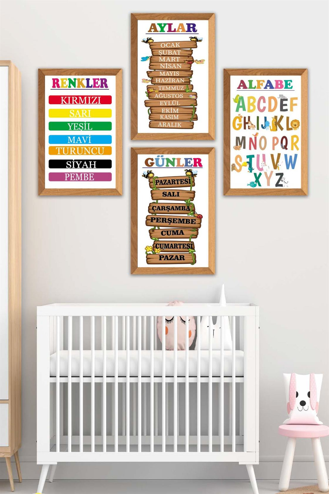 4 Parça Çoçuklar İçin Renkli Alfabe Sayılar Ve Aylar Eğitici Tablo Ahşap Çerçeve Görünümlü