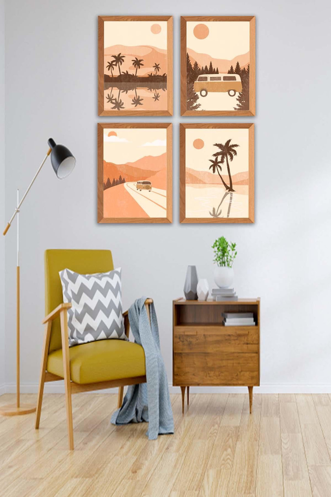 Yaz Ve Palmiye Temalı Ahşap Çerçeve Görünümlü Tablo Seti