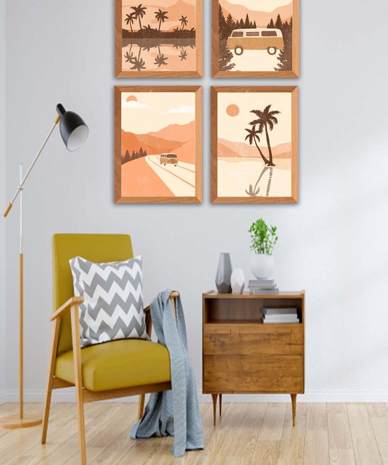 Yaz Ve Palmiye Temalı Ahşap Çerçeve Görünümlü Tablo Seti