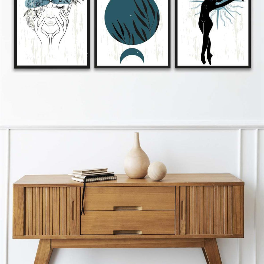 3 Parça Modern Sanat Tarzında Lotus Tasarım (Siyah çerçeve görünümlü) Uv Baskı Mdf Tablo Seti