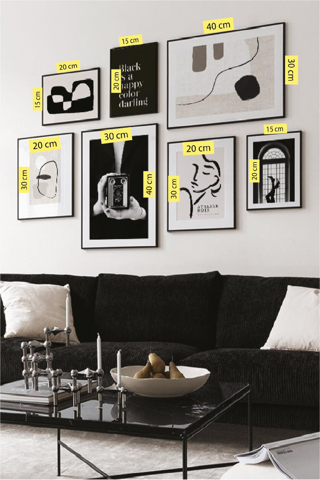 7 Parça Black Happy Colur Darling Tarzında (SİYAH ÇERÇEVE GÖRÜNÜMLÜ) Tablo Seti