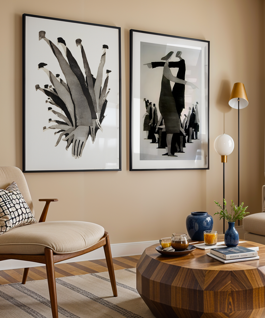 Abstract Figures 2 Parça Siyah Çerçeveli Ahşap Tablo Seti